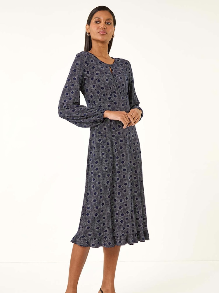 Roman Blue Spot Print Keyhole Midi Dress - Image 1 of 5 Roman Blue Spot Print Keyhole Midi Dress - Image 1 of 5