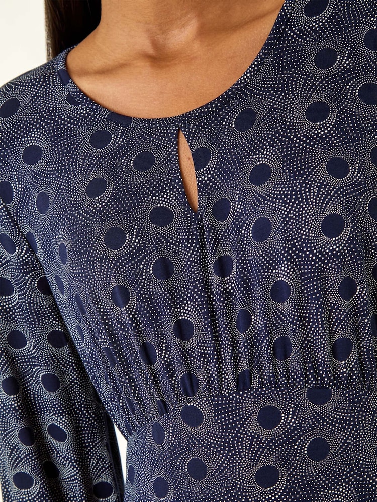 Roman Blue Spot Print Keyhole Midi Dress - Image 5 of 5 Roman Blue Spot Print Keyhole Midi Dress - Image 5 of 5