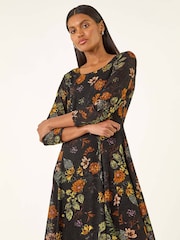 Roman Orange Floral Print Lace Stretch Dress - Image 2 of 5