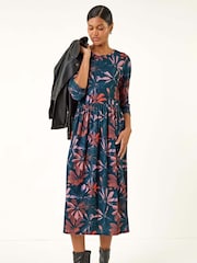 Roman Pink Floral Print Stretch Midi Dress - Image 1 of 5