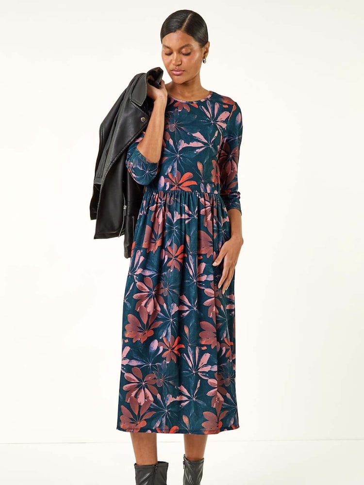 Roman Pink Floral Print Stretch Midi Dress - Image 1 of 5