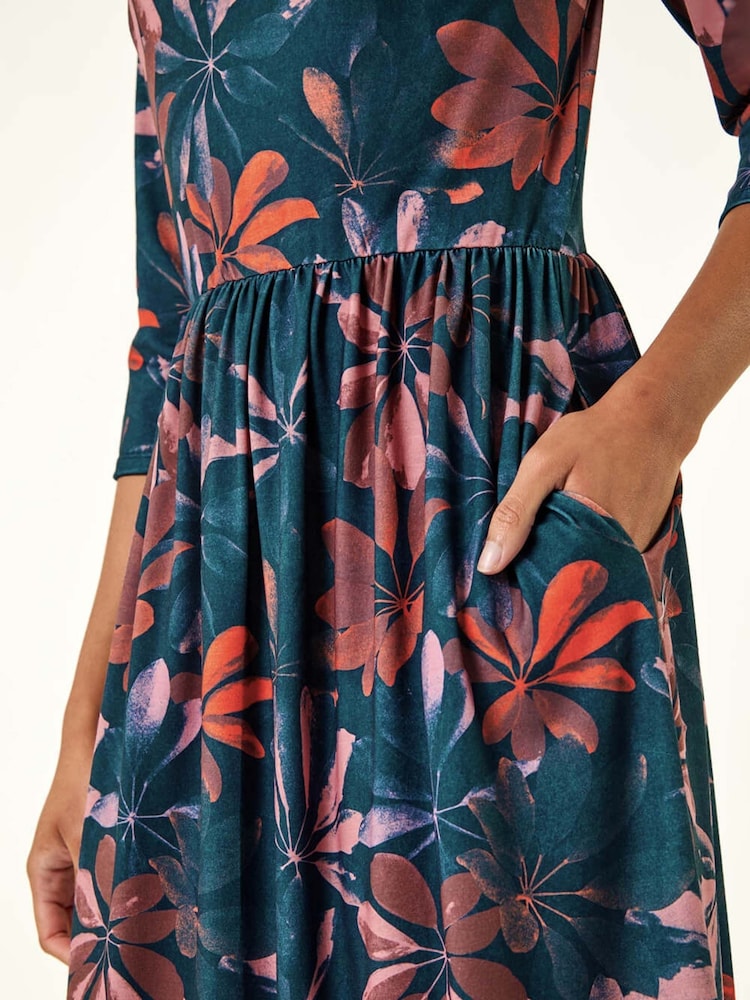 Roman Pink Floral Print Stretch Midi Dress - Image 5 of 5
