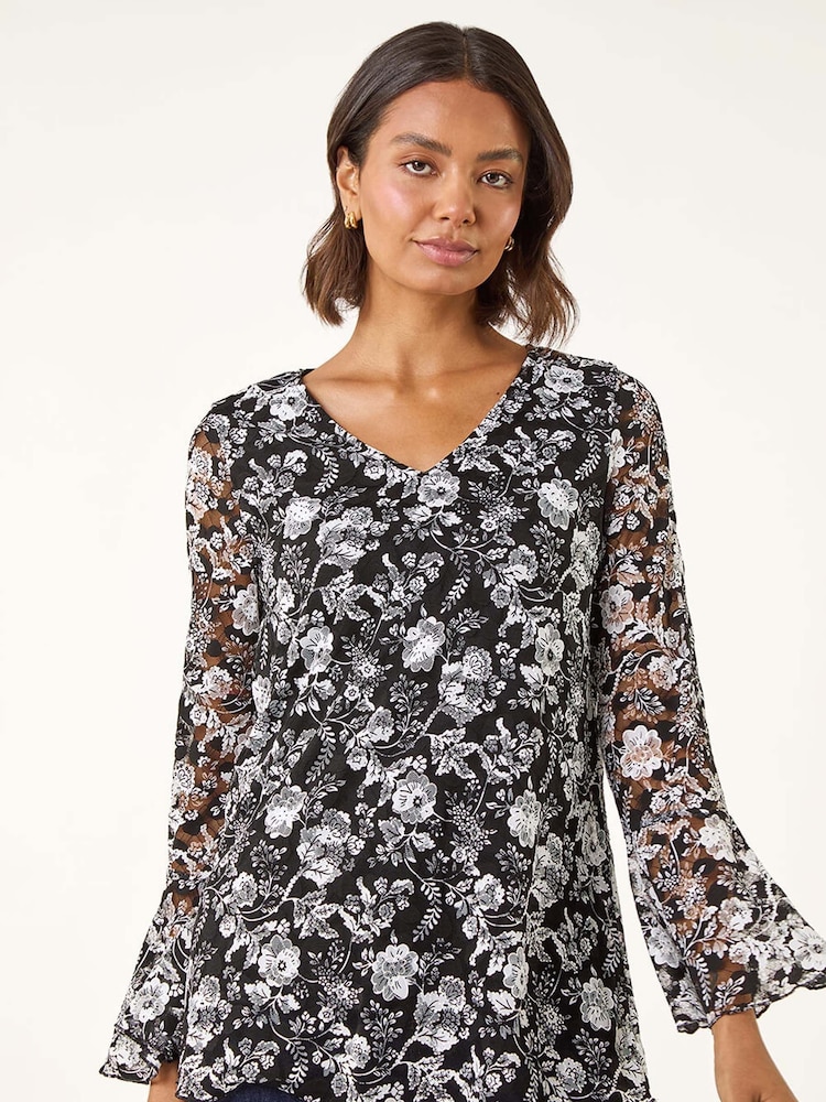Roman Black Floral Print V-Neck T-Shirt - Image 1 of 5 Roman Black Floral Print V-Neck T-Shirt - Image 1 of 5