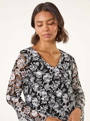 Roman Black Floral Print V-Neck T-Shirt - Image 2 of 5