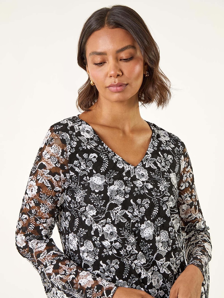 Roman Black Floral Print V-Neck T-Shirt - Image 2 of 5 Roman Black Floral Print V-Neck T-Shirt - Image 2 of 5
