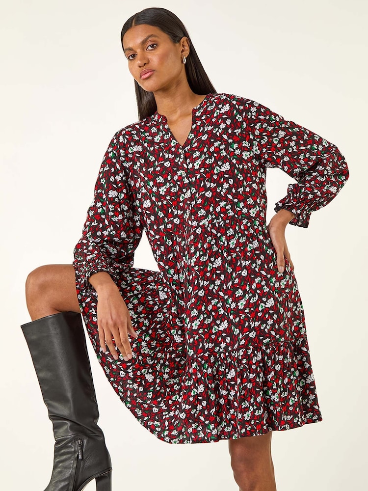 Roman Red Floral Print Buttoned Dress - Image 1 of 5