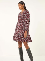Roman Red Floral Print Buttoned Dress - Image 2 of 5