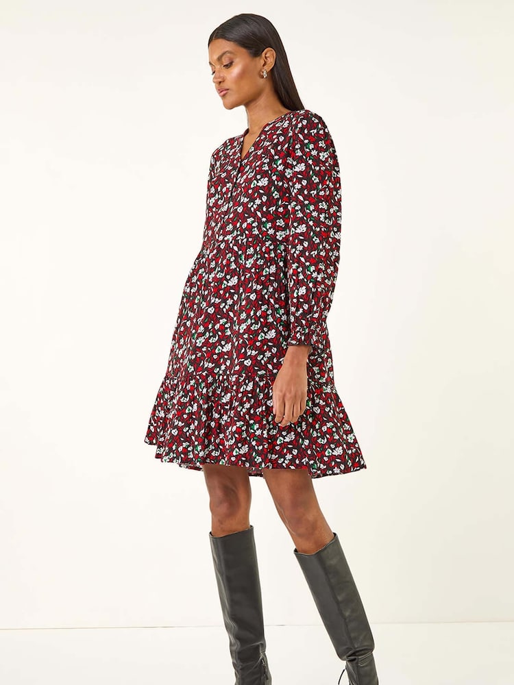 Roman Red Floral Print Buttoned Dress - Image 2 of 5