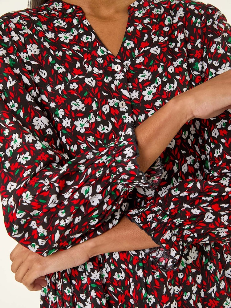 Roman Red Floral Print Buttoned Dress - Image 5 of 5