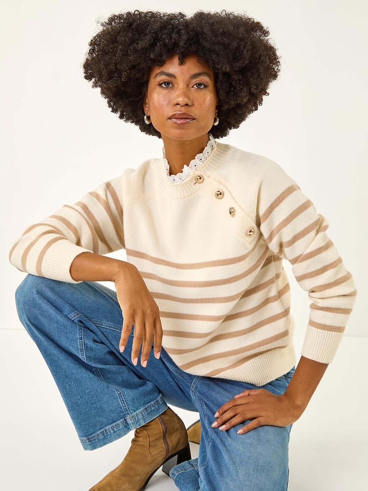 Roman Cream Stripe Buttoned Shoulder Knit Jumper - Image 1 of 5 Roman Cream Stripe Buttoned Shoulder Knit Jumper - Image 1 of 5