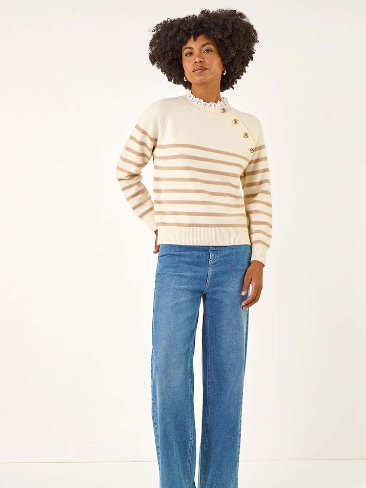 Roman Cream Stripe Buttoned Shoulder Knit Jumper - Image 2 of 5 Roman Cream Stripe Buttoned Shoulder Knit Jumper - Image 2 of 5