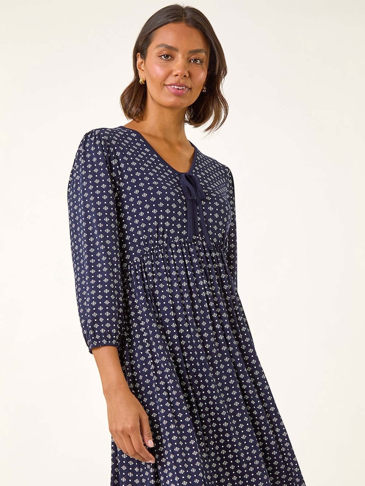 Roman Blue Geometric Bow Stretch Dress - Image 1 of 5 Roman Blue Geometric Bow Stretch Dress - Image 1 of 5