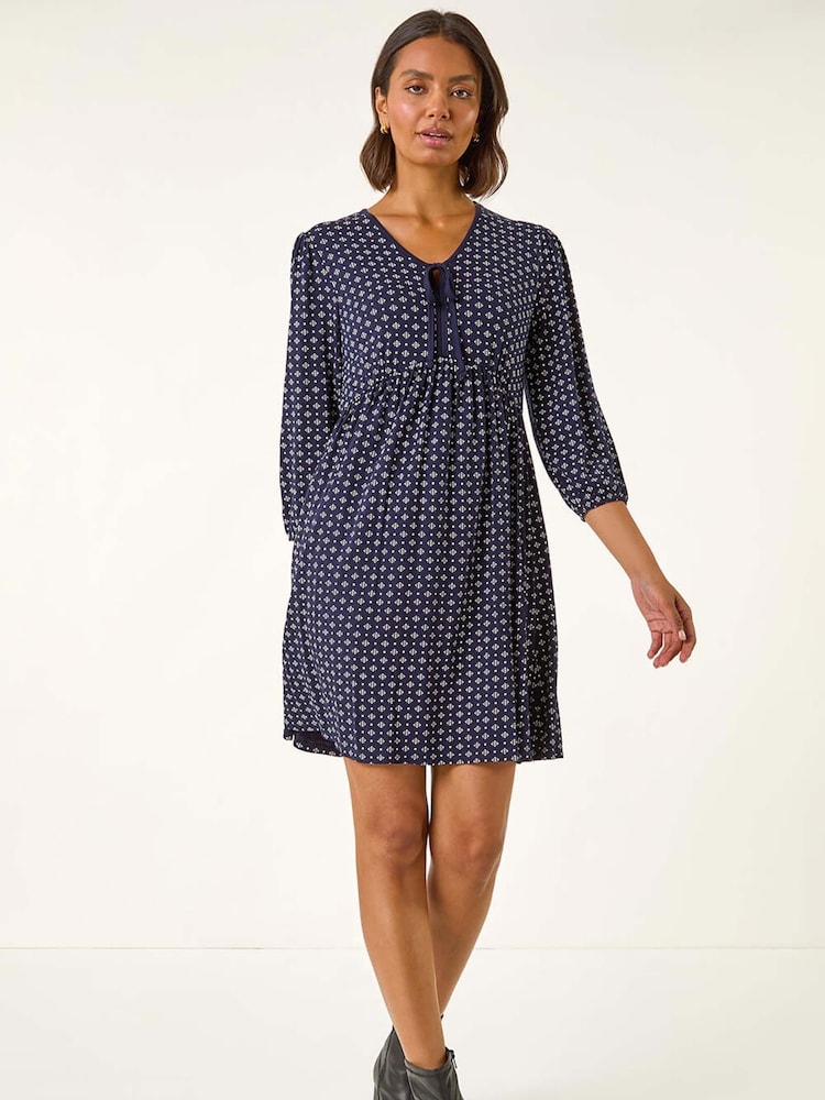 Roman Blue Geometric Bow Stretch Dress - Image 2 of 5 Roman Blue Geometric Bow Stretch Dress - Image 2 of 5