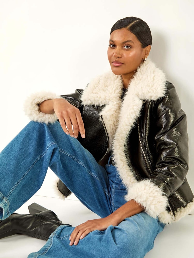 Roman Black Contrast Leather Aviator Coat - Image 1 of 5 Roman Black Contrast Leather Aviator Coat - Image 1 of 5