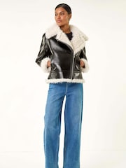 Preto - Roman Contrast Leather Aviator Coat - Imagem 2 de 5