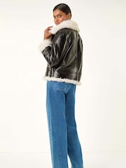 Preto - Roman Contrast Leather Aviator Coat - Imagem 3 de 5