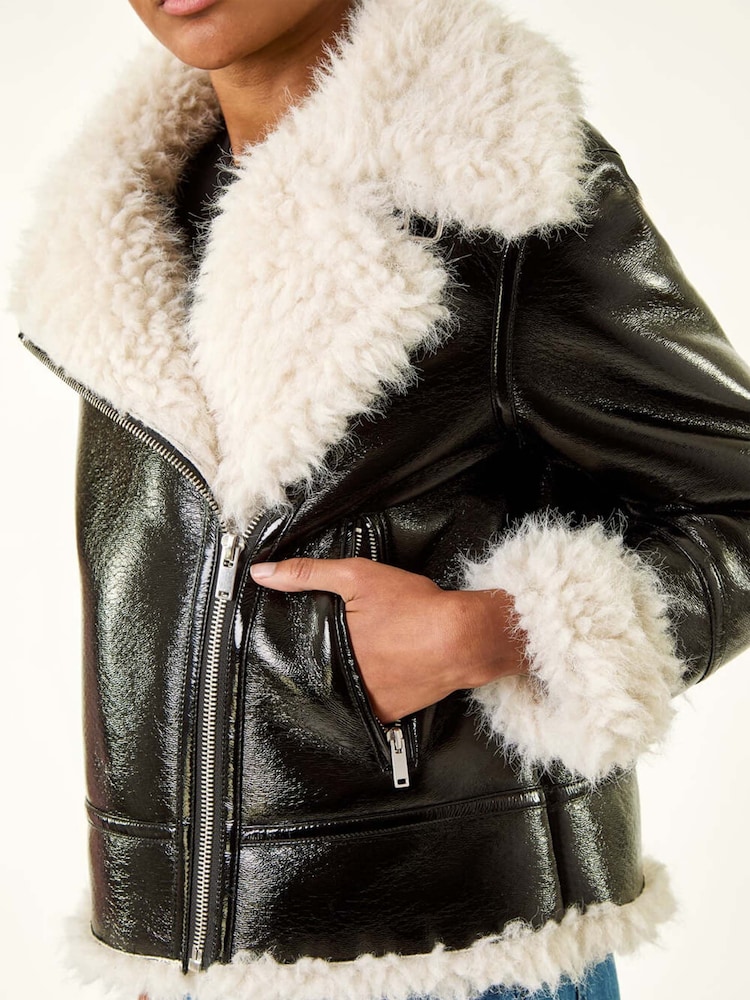 Roman Black Contrast Leather Aviator Coat - Image 5 of 5 Roman Black Contrast Leather Aviator Coat - Image 5 of 5