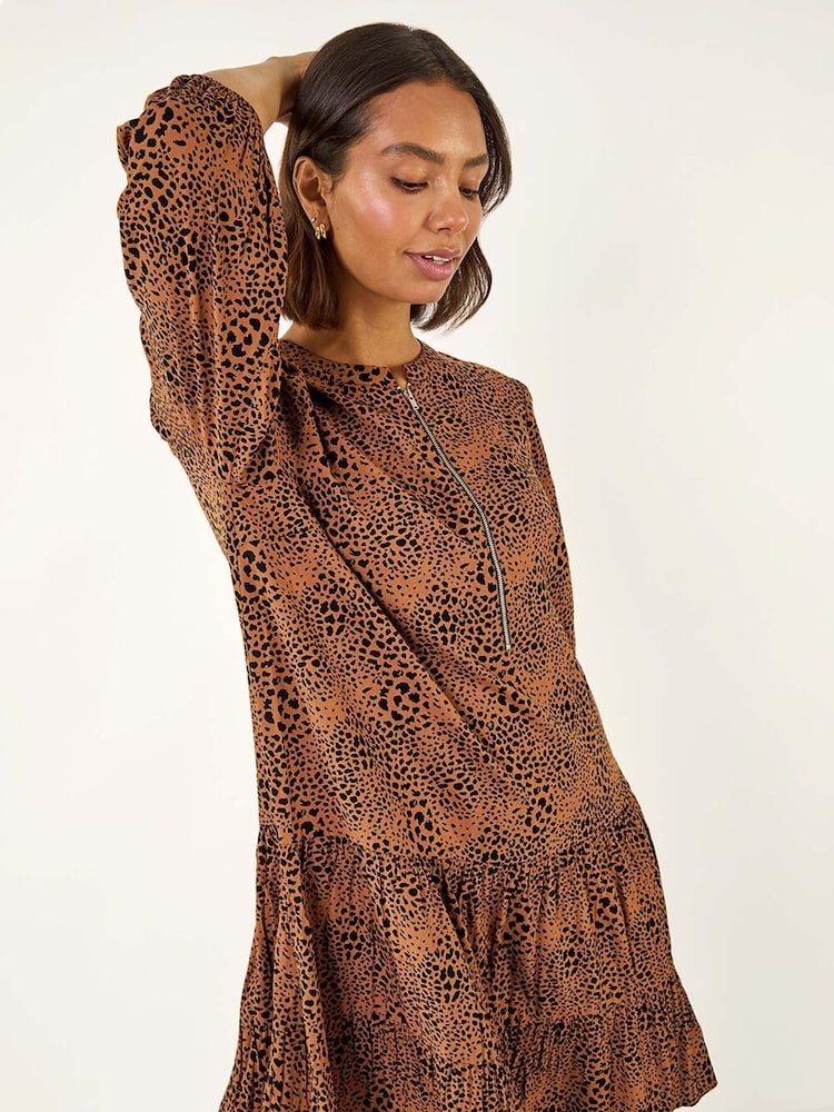 Roman Brown Spot Print Zip Front Dress - Image 1 of 5
