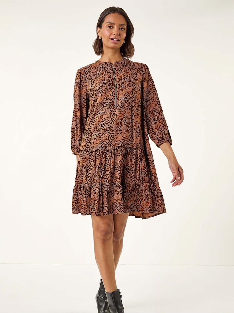 Roman Brown Spot Print Zip Front Dress - Image 2 of 5 Roman Brown Spot Print Zip Front Dress - Image 2 of 5