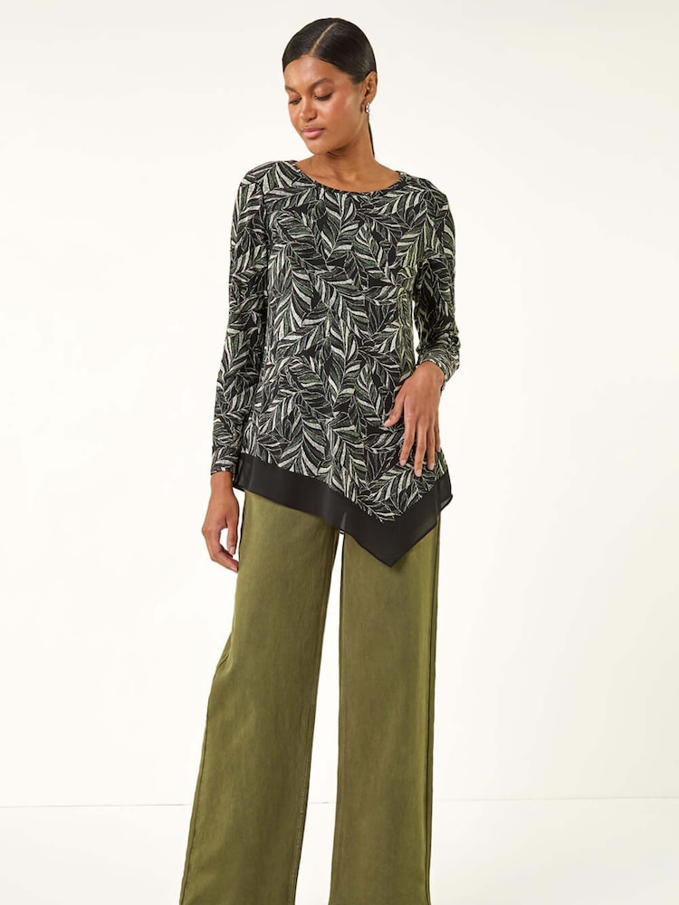 Roman Green Leaf Puff Print Stretch Tunic Top - Image 2 of 5 Roman Green Leaf Puff Print Stretch Tunic Top - Image 2 of 5