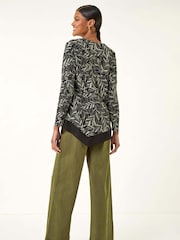 Roman Green Leaf Puff Print Stretch Tunic Top - Image 3 of 5