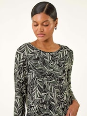 Roman Green Leaf Puff Print Stretch Tunic Top - Image 4 of 5