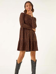 Roman Brown Leaf Print Stretch Dress - Image 1 of 5