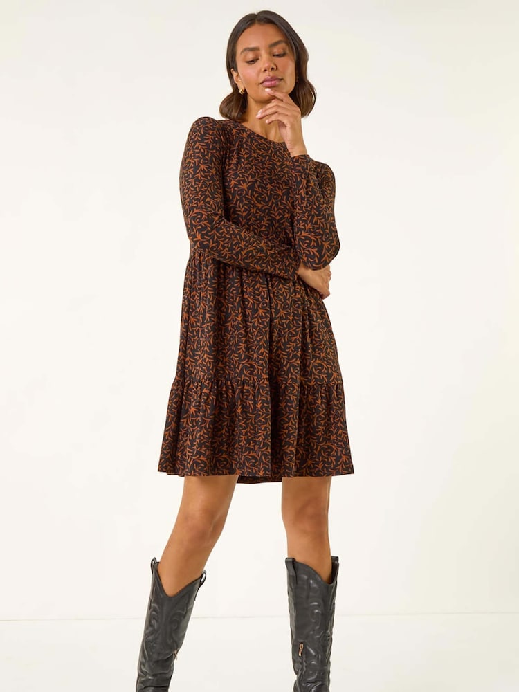 Roman Brown Leaf Print Stretch Dress - Image 1 of 5 Roman Brown Leaf Print Stretch Dress - Image 1 of 5