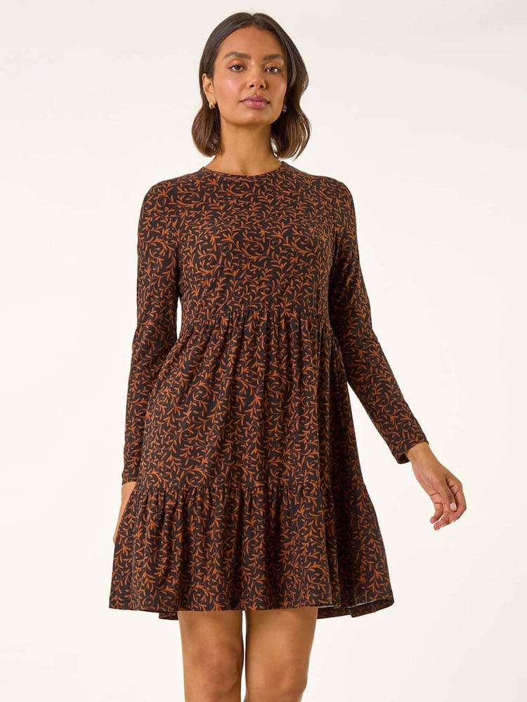Roman Brown Leaf Print Stretch Dress - Image 2 of 5 Roman Brown Leaf Print Stretch Dress - Image 2 of 5