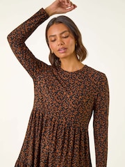 Roman Brown Leaf Print Stretch Dress - Image 4 of 5