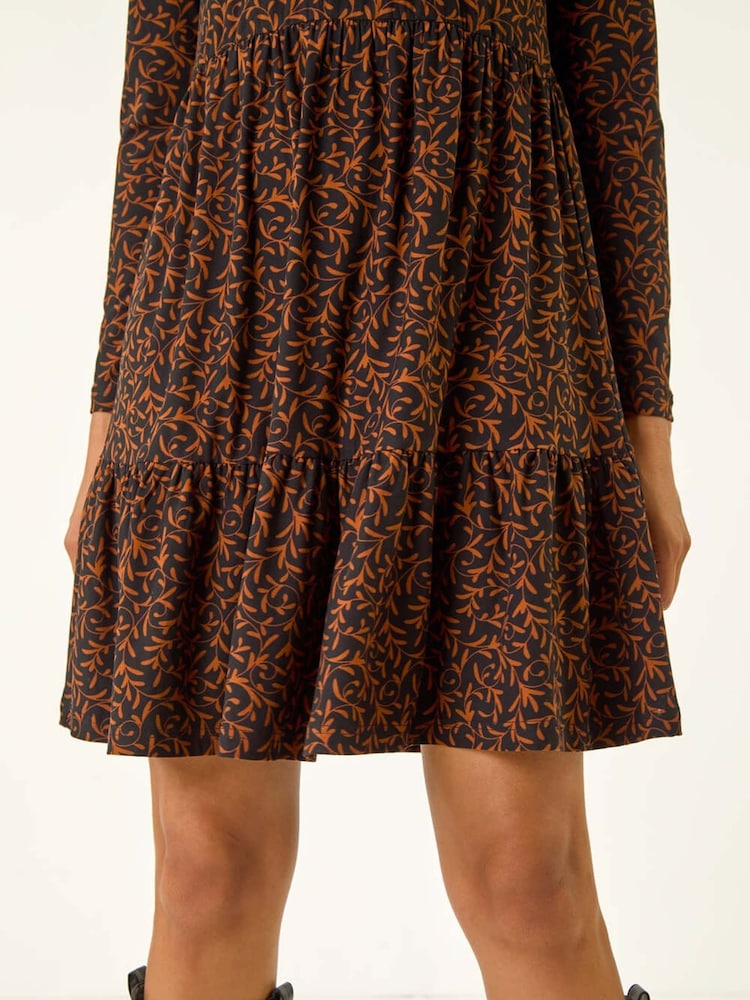 Roman Brown Leaf Print Stretch Dress - Image 5 of 5 Roman Brown Leaf Print Stretch Dress - Image 5 of 5