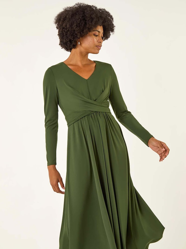 Roman Green Twist Front Stretch Midi Dress - Image 1 of 5