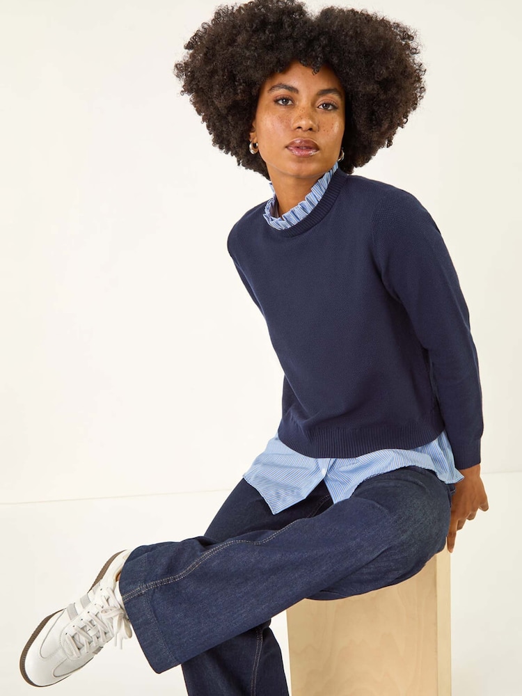 Roman Blue Stripe Shirt Underlay Knit Jumper - Image 1 of 5 Roman Blue Stripe Shirt Underlay Knit Jumper - Image 1 of 5