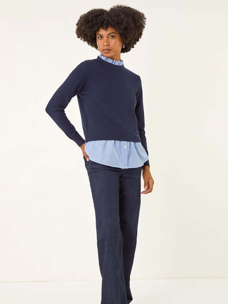 Roman Blue Stripe Shirt Underlay Knit Jumper - Image 2 of 5 Roman Blue Stripe Shirt Underlay Knit Jumper - Image 2 of 5