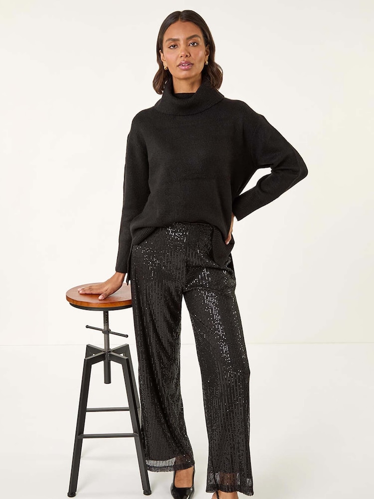 Roman Black Sequin Wide Leg Trousers - Image 1 of 5 Roman Black Sequin Wide Leg Trousers - Image 1 of 5