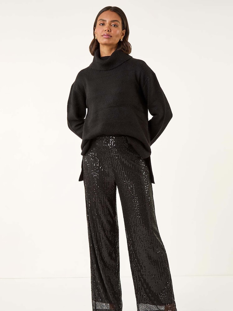 Roman Black Sequin Wide Leg Trousers - Image 2 of 5 Roman Black Sequin Wide Leg Trousers - Image 2 of 5