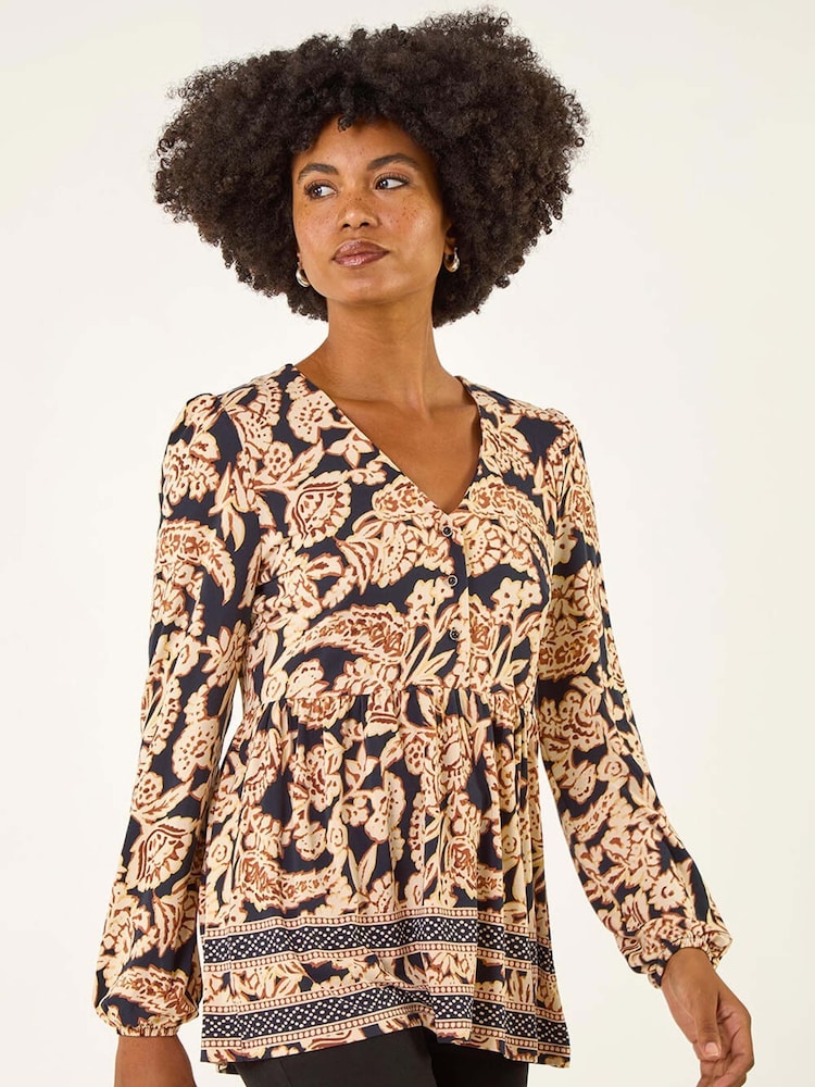 Roman Black Paisley Print Tunic Top - Image 1 of 5 Roman Black Paisley Print Tunic Top - Image 1 of 5