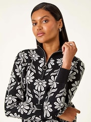 Roman Black Floral Zip Front Jumper - Image 1 of 5