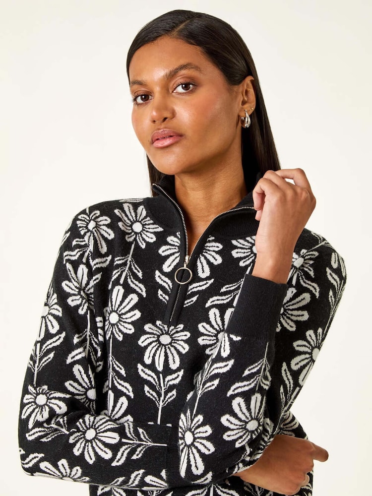 Roman Black Floral Zip Front Jumper - Image 1 of 5