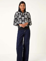 Roman Black Floral Zip Front Jumper - Image 2 of 5