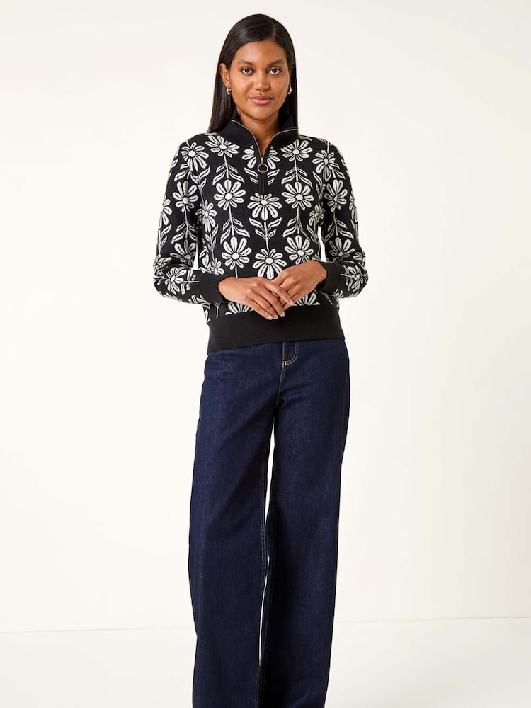 Roman Black Floral Zip Front Jumper - Image 2 of 5 Roman Black Floral Zip Front Jumper - Image 2 of 5