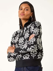 Roman Black Floral Zip Front Jumper - Image 4 of 5