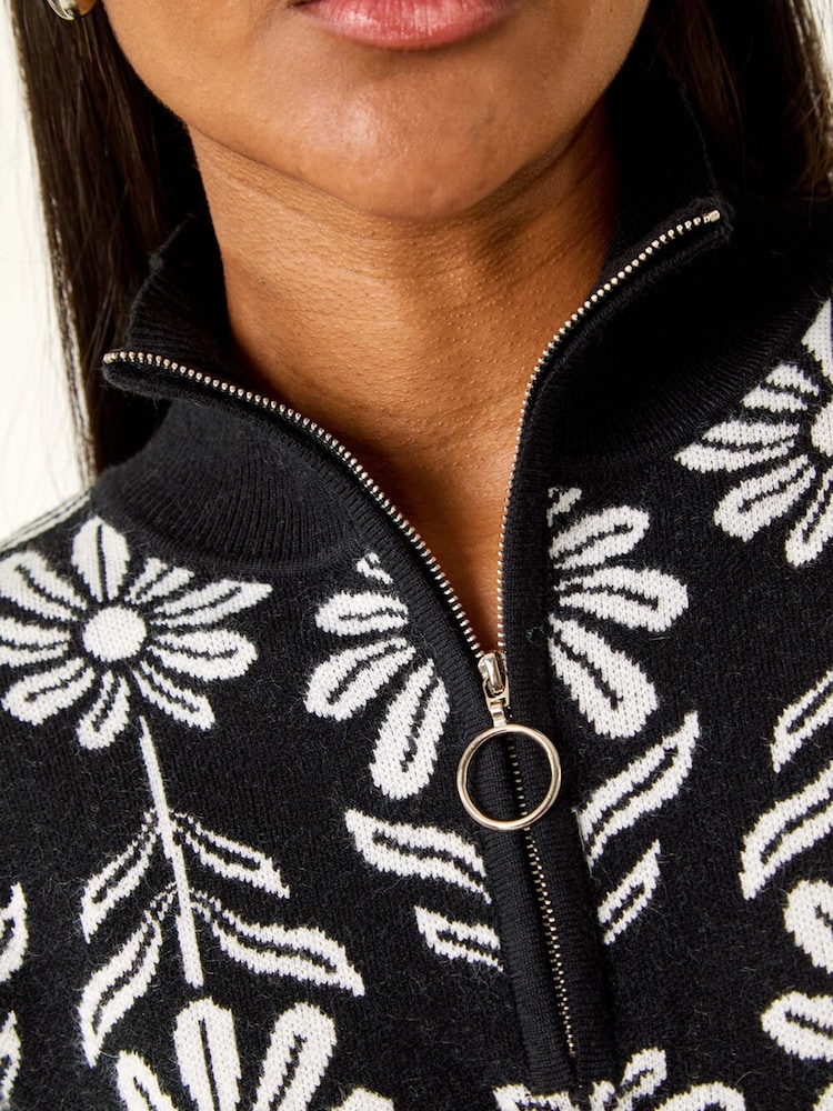 Roman Black Floral Zip Front Jumper - Image 5 of 5