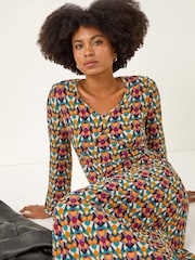Roman Yellow Geo Print Stretch Midi Dress - Image 1 of 5