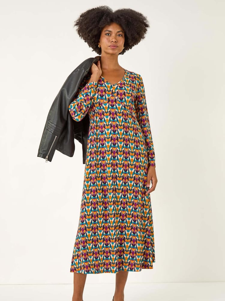 Roman Yellow Geo Print Stretch Midi Dress - Image 2 of 5