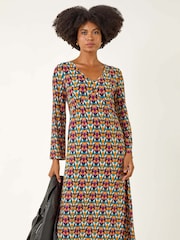 Roman Yellow Geo Print Stretch Midi Dress - Image 4 of 5