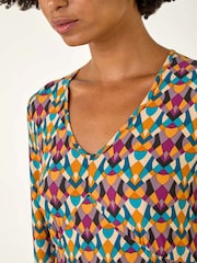 Roman Yellow Geo Print Stretch Midi Dress - Image 5 of 5