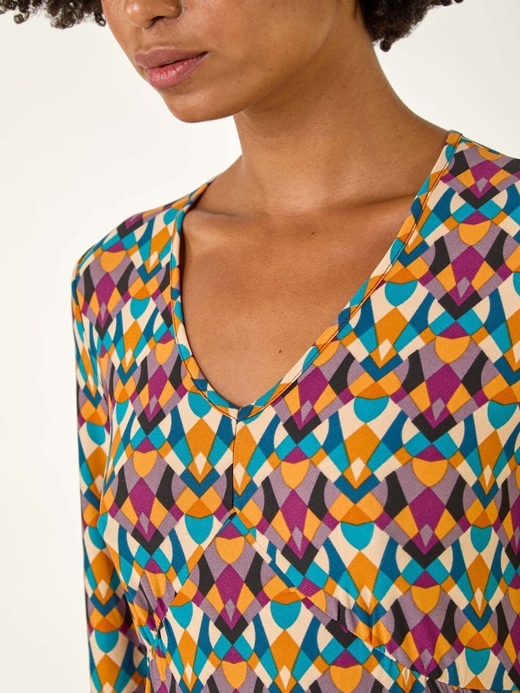 Roman Yellow Geo Print Stretch Midi Dress - Image 5 of 5