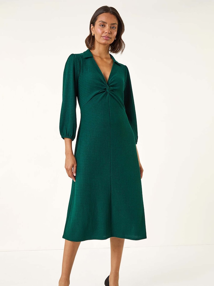 Roman Green Textured Collared Twist Front Dress - Image 1 of 5 Roman Green Textured Collared Twist Front Dress - Image 1 of 5