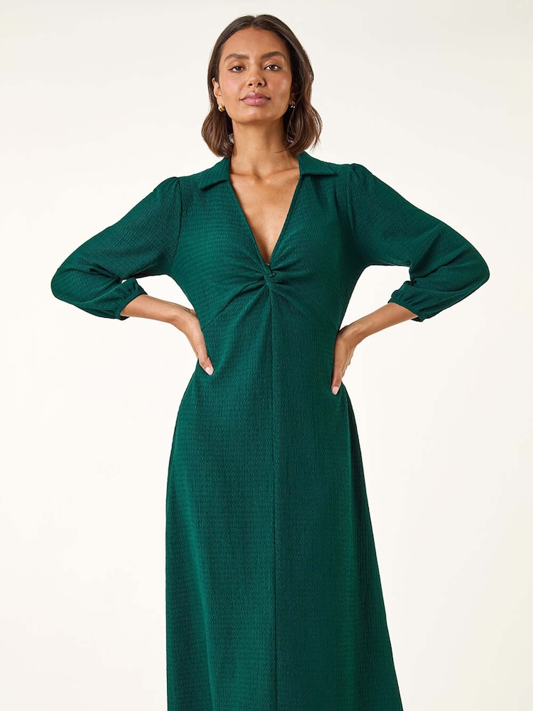 Roman Green Textured Collared Twist Front Dress - Image 2 of 5 Roman Green Textured Collared Twist Front Dress - Image 2 of 5
